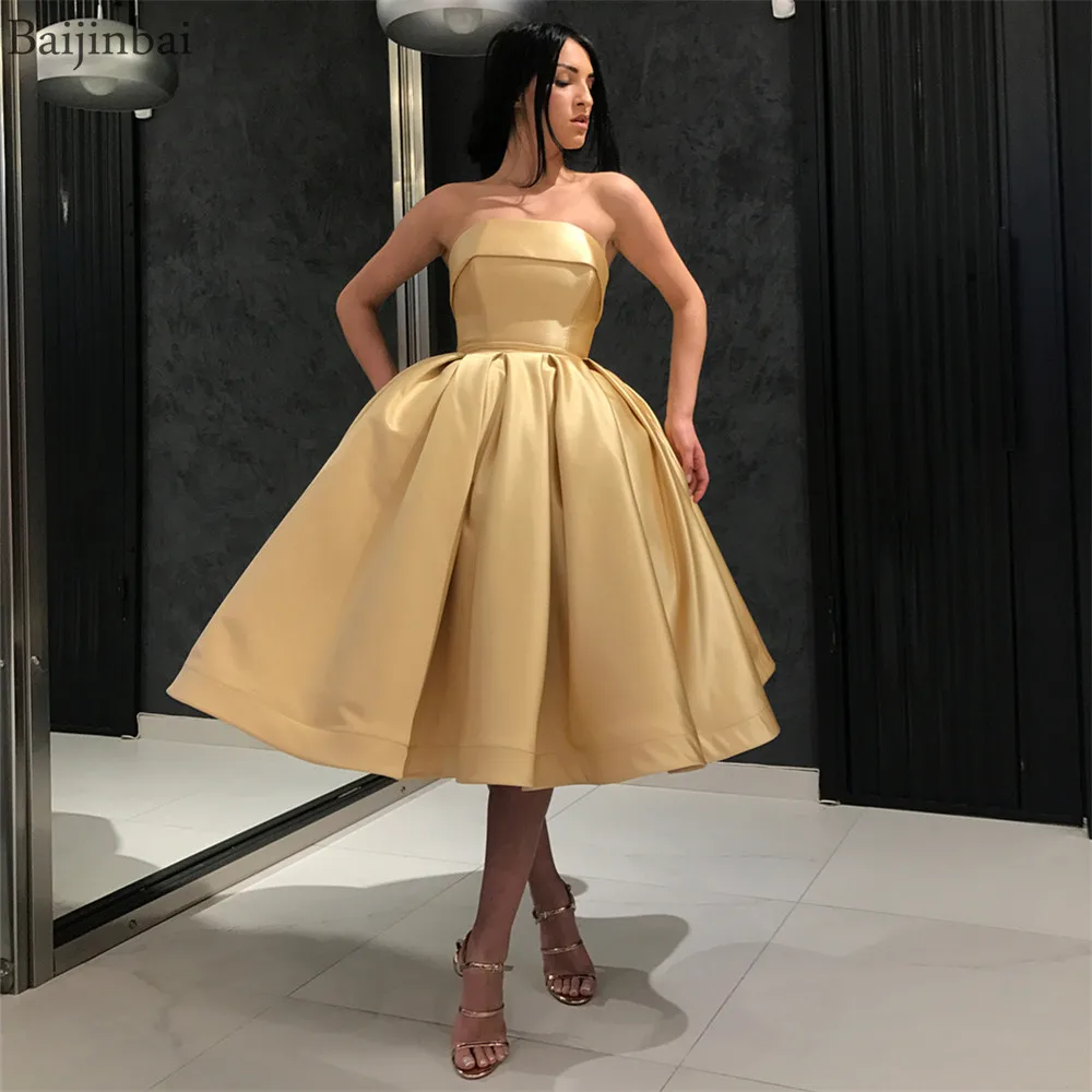 

Baijinbai Gold Short Ball Gown Cocktail Dresses Plus Size Dubai Simple Strapless Corset Back Homecoming Dresses Gala Prom Gowns