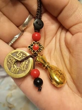 Llavero colgante de Feng Shui de la suerte, cuerda hecha a mano, de latón Vintage, bolsa de dinero, joyería antigua, cinco emperadores, llaves de coche