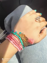 Conjunto de pulseras elásticas multicapa para mujer, joyería Bohemia, brazaletes con borla, moneda de oro, encanto de cuentas de cristal, regalo para mujer
