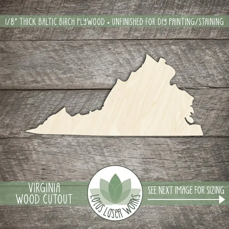 Virginia, Unfinished Wood Virginia State Laser Cut Shape, DIY Craft Supply, Many Size Options, Blank Wood Shapes
Virginia, Unfinished Wood Virginia State Laser Cut Shape, DIY Craft Supply, Many Size Options, Blank Wood Shapes