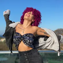 FAVE Afro-pelucas rizadas con flequillo, pelo negro, Morado, longitud del hombro, resistentes al calor, sintético, africano, americano, para mujeres negras