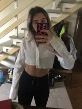 White Shirt Blouse Crop-Top Collar Flare-Sleeve Ladies Tops Turn-Down Bclout Female Sexy