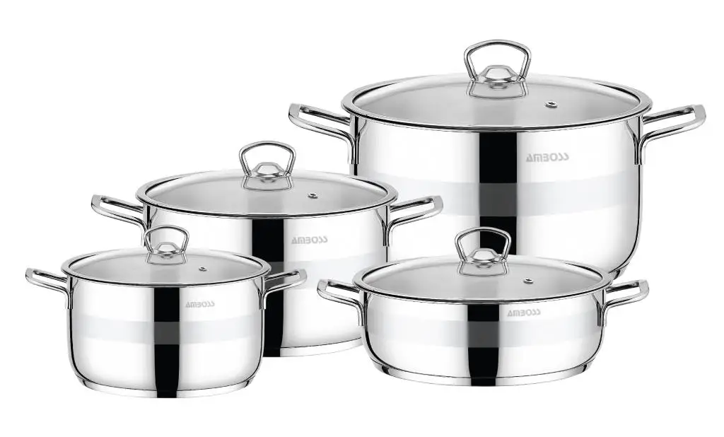 Amboss Saphire Cookware Set,Steel Capped,8 pieces,Stainless Steel,2 years guaranteed, steel Capsule Base,For all oven types
Amboss Saphire Cookware Set,Steel Capped,8 pieces,Stainless Steel,2 years guaranteed, steel Capsule Base,For all oven types