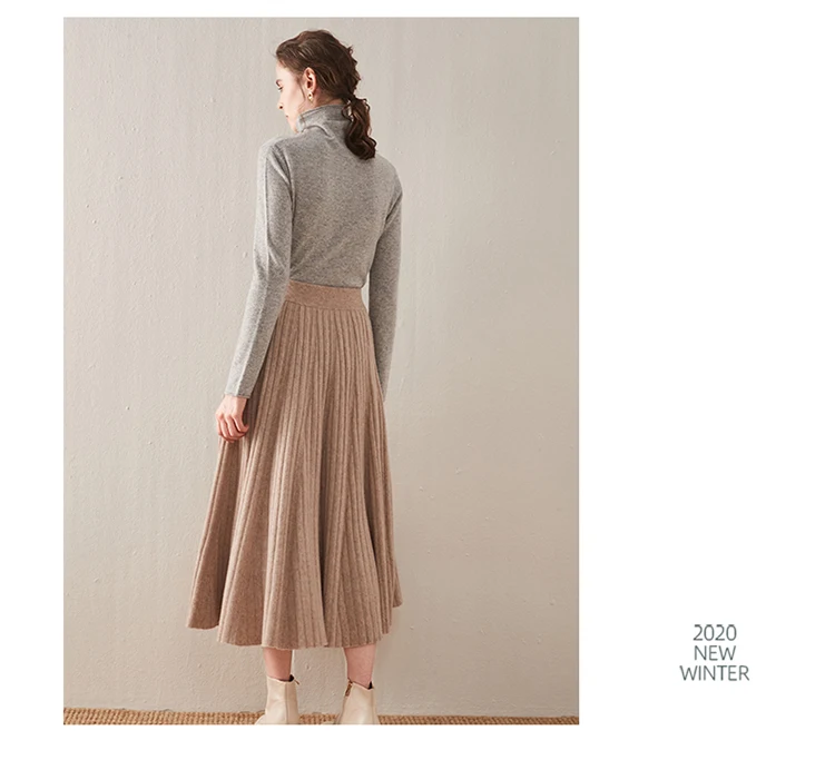 Autumn/Winter Hepburn style vintage black mercerized pure wool knit skirt with a high-waisted versatile pleated skirt