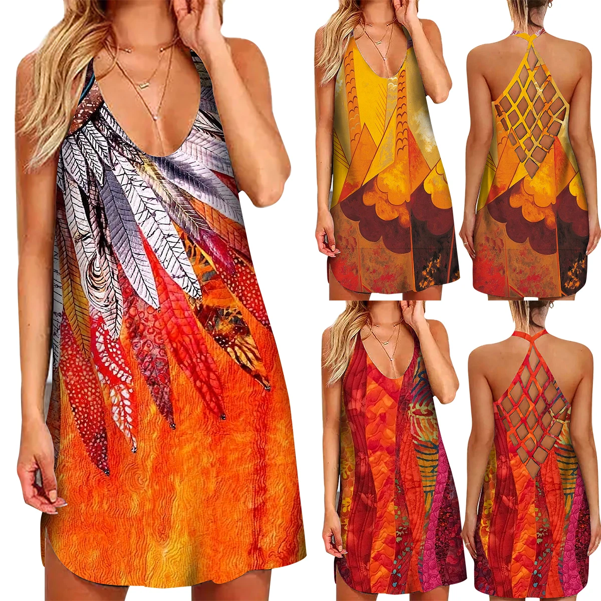 Elegant Women 3D Floral Feather Printed Summer Halter Neck Hollow Out Back Mini Dress Casual Loose Criss-Cross Female Dresses
Elegant Women 3D Floral Feather Printed Summer Halter Neck Hollow Out Back Mini Dress Casual Loose Criss-Cross Female Dresses