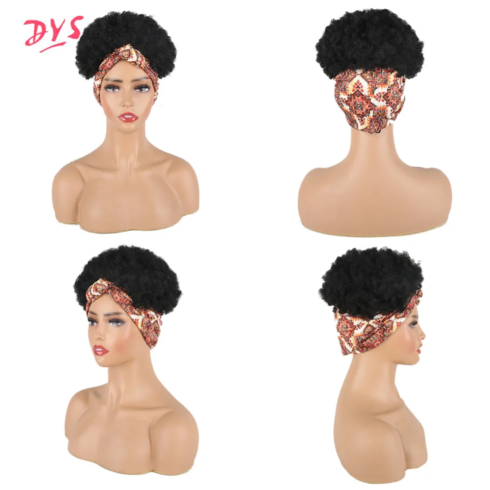 2Deyngs Turban Wrap-wig 2 in 1 Afro Puff Hairband Bun Drawstring Headwrap Synthetic Short Kinky Curly Headband Updo Wig for African American Women