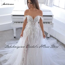 Lakshmigown Off the Shoulder Boho Wedding Gowns Lace Applique 2021 Robe Mariage Off White Princess Tulle Bridal Dress Side Split