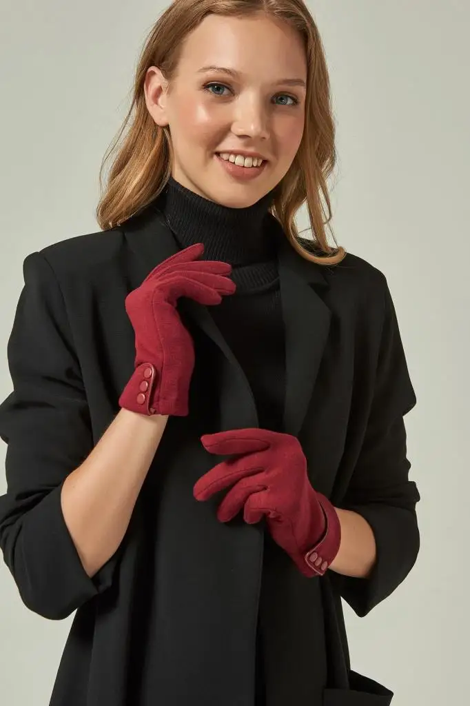 Бордовые хлопковые перчатки с пуговицами 8423 | Аксессуары для одежды