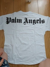 Palm Angels carta logotipo Unisex de los hombres las mujeres AMANTES DE Estilo de pareja de moda de algodón de manga corta de cuello redondo Camiseta novio regalo