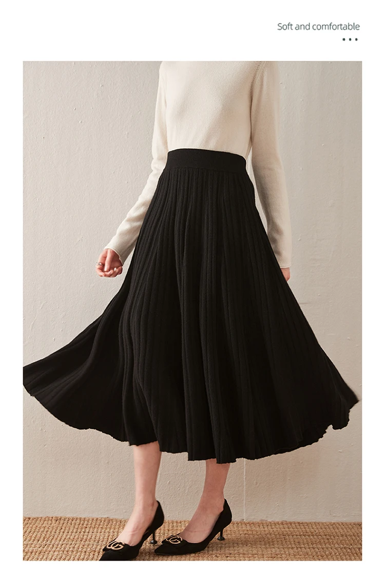 Autumn/Winter Hepburn style vintage black mercerized pure wool knit skirt with a high-waisted versatile pleated skirt