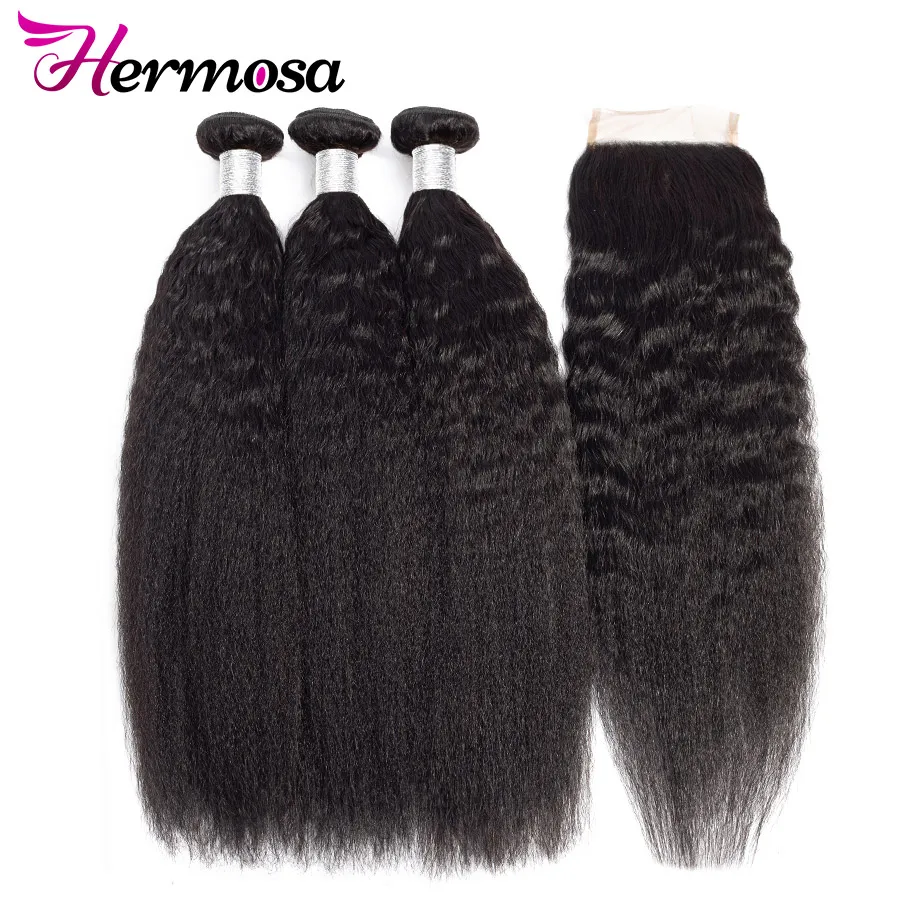 Hermosa Kinky Straight Brazilian Hair Bundles With 4x4 Lace Closure 100% Remy Human Extensions 3 | Шиньоны и парики