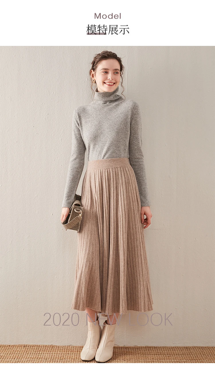 Autumn/Winter Hepburn style vintage black mercerized pure wool knit skirt with a high-waisted versatile pleated skirt