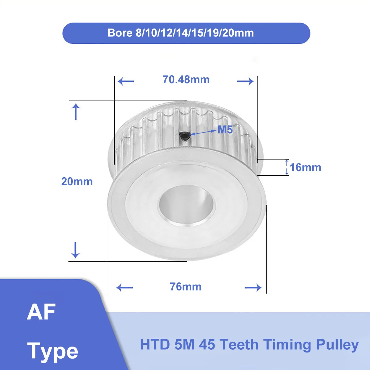 

HTD 5M 45Teeth Timing Pulley Aluminium Synchronus Wheel Bore 8/10/12/14/15/19/20mm For Width 15mm HTD5M Timing Belt