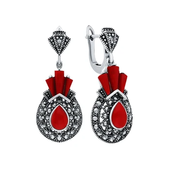 Silver earrings with marcasite and coral pressed sunlight sample 925 
Silver earrings with marcasite and coral pressed sunlight sample 925