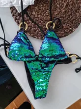 Nayooton-Conjunto de Bikini triangular con lentejuelas brillantes para mujer, ropa de playa Sexy con cordón, traje de baño de cuello alto cruzado con cuello Halter, traje de baño de cintura baja