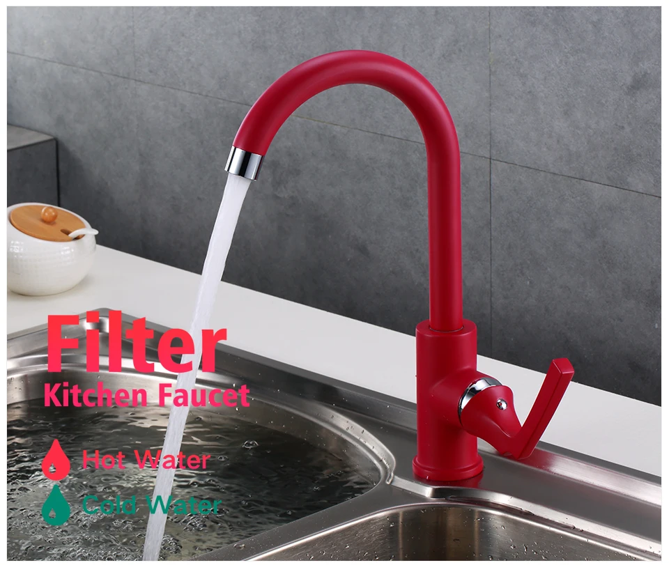 Potato Modern Style Red Single Handle Hot and Cold Water Mixer High Arcs Faucet Red Kitchen Sink Faucet p40229-16