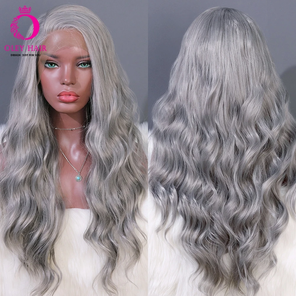 OLEY Heat Resistant Grey Synthetic Lace Front Wig Free Part Long Wavy Cosplay Wig Glueless Wigs For Black Women OLEY Heat Resistant Grey Synthetic Lace Front Wig Free Part Long Wavy Cosplay Wig Glueless Wigs For Black Women