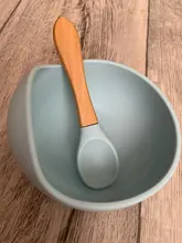 Tazón de silicona para bebé, vajilla de alimentación para bebé, tazón de succión, plato, manija de madera silicona, cuchara, juego de platos para bebé