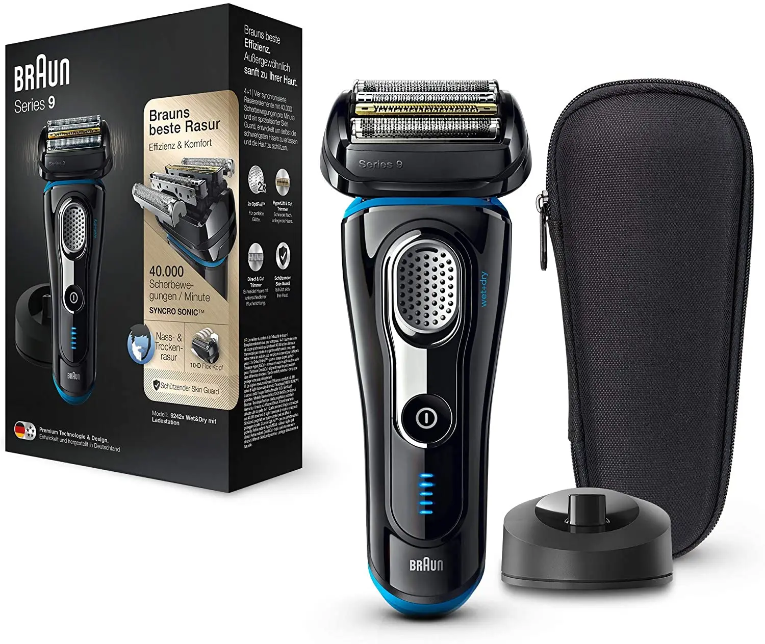 

Braun Series 9 Wet & Dry Men's Electric Shaver, Charging Station & Travel Case, Black/Anodised Blue, 9242s