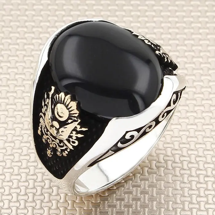 

Vintage Oval Black Onyx Stone Men Silver Ring With Bronze Ottoman Tugra Motif Made in Turkey Solid 925 Sterling Silver