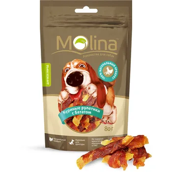 Molina delicacy D/dogs chicken roulette with Batat, 80g-6 PCs
Molina delicacy D/dogs chicken roulette with Batat, 80g-6 PCs