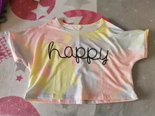 Camiseta con estampado de letra feliz para niñas, ropa informal con tinte dibujo anudado en la parte delantera, envío directo