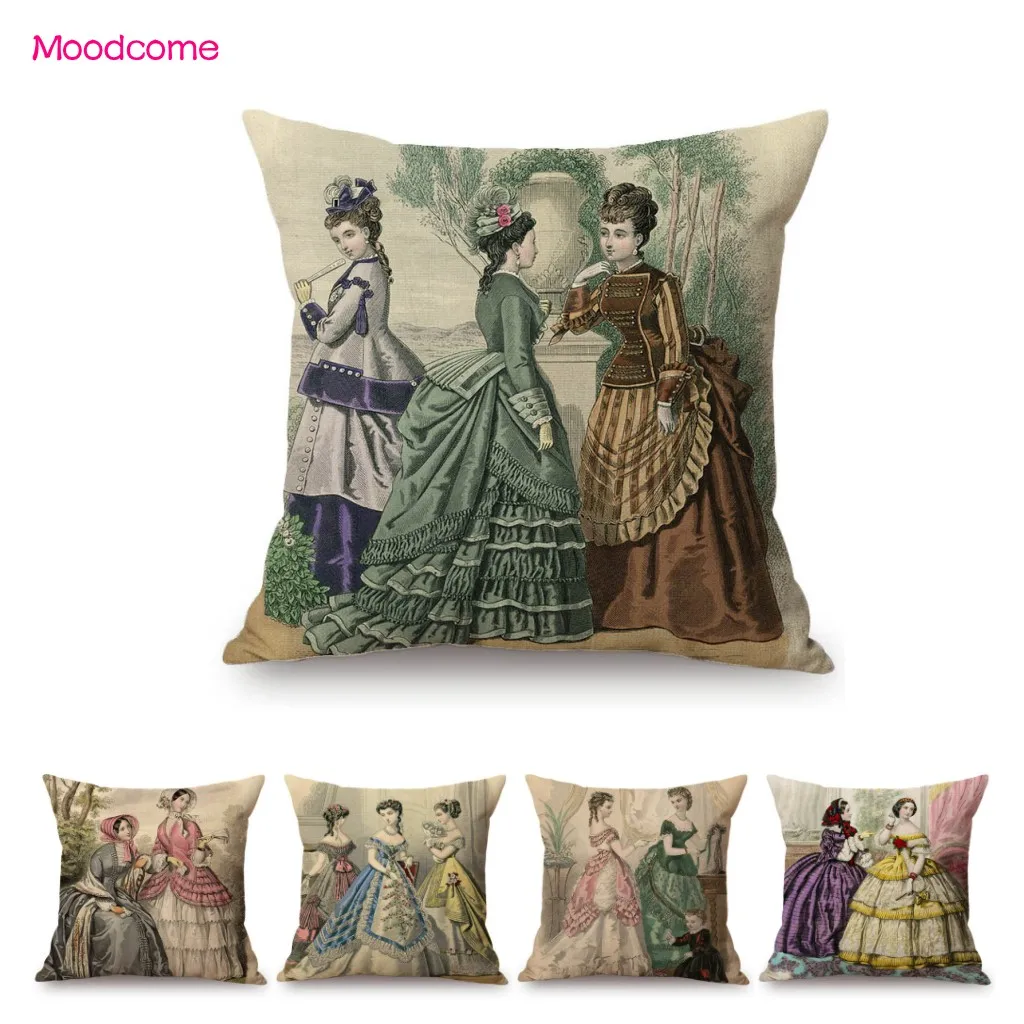 

Ancient European Victorian Era Royal Court Fashion Lady Full Dress Vintage Poster Home Decoration Pillow Case Sofa Cushion Cover