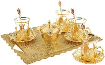 Turkish Tea Glasses Set with Decorated Metal Glass Holders, Saucers, Sugar Bowl with Lid & Serving Tray for 4 Ppl, 3.3 Oz (Gold)
Turkish Tea Glasses Set with Decorated Metal Glass Holders, Saucers, Sugar Bowl with Lid & Serving Tray for 4 Ppl, 3.3 Oz (Gold)
