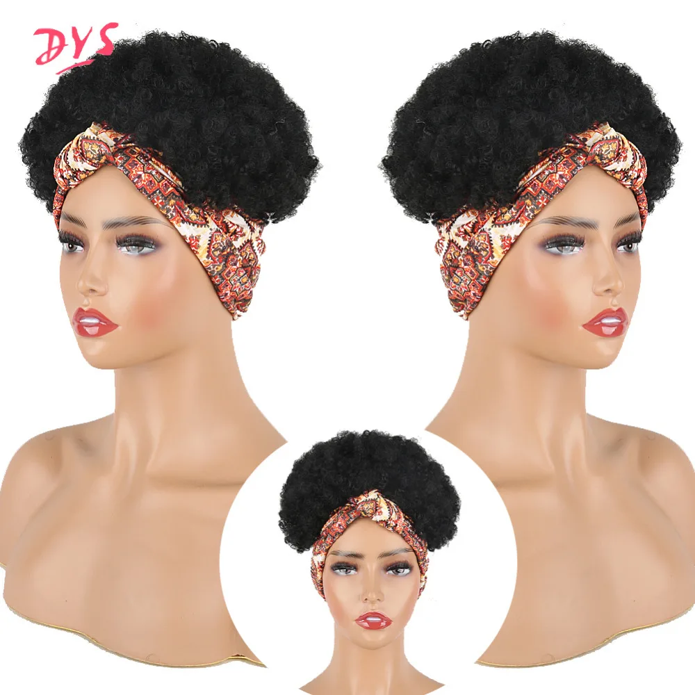 3Deyngs Turban Wrap-wig 2 in 1 Afro Puff Hairband Bun Drawstring Headwrap Synthetic Short Kinky Curly Headband Updo Wig for African American Women