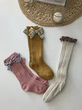 Calcetines largos de algodón para niñas pequeñas de 0 a 5 años, lazos con flor hasta la rodilla, Estilo Princesa