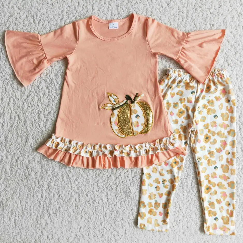 

RTS baby girls pink color pumpkin embroidered sequin leopard legging tunic design boutique fall outfits 2pcs clothing sets