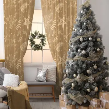

Stars Pine Tree Branches Leaves Winter Theme Decorating Monochromic Artwork Printed Beige Curtain