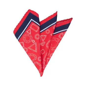 Red geometric pocket square with blue and white edging (52655)