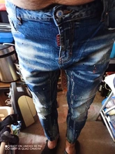 Pantalones vaqueros de algodón rasgados para Hombre, Jeans Retro Azul elásticos ajustados, diseño pintado, Hip Hop