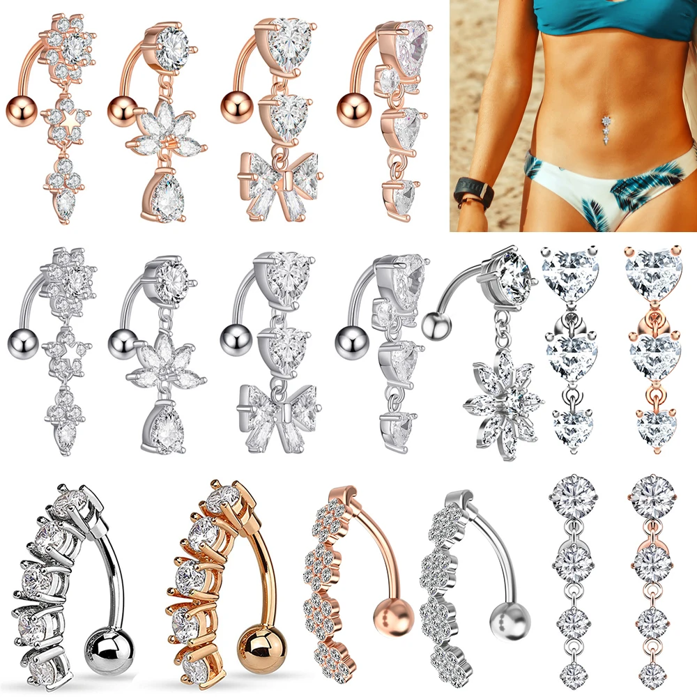 

Reversed Bar CZ 14G Belly Button Rings Dangle Flower Star Navel Ring Surgical Steel Belly Piercing Jewelry Oreja Body Belly Ring
