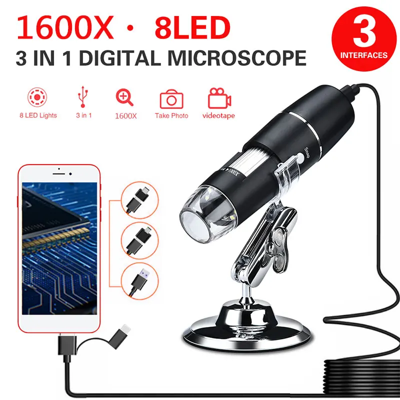3 In 1 New Portable HD 1600X 2MP Zoom Microscope 8 LED Micro USB Type-c Digital Handheld Magnifier Endoscope Camera
3 In 1 New Portable HD 1600X 2MP Zoom Microscope 8 LED Micro USB Type-c Digital Handheld Magnifier Endoscope Camera