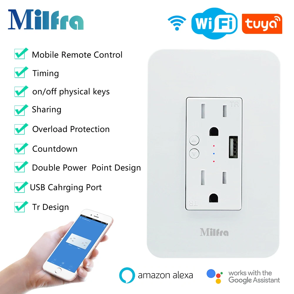 Milfra WiFi Wall Outlet US standard 2 Outlets and One USB Port works with Alexa Google Home Control by Smart Life
Milfra WiFi Wall Outlet US standard 2 Outlets and One USB Port works with Alexa Google Home Control by Smart Life