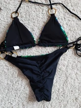 Nayooton-Conjunto de Bikini triangular con lentejuelas brillantes para mujer, ropa de playa Sexy con cordón, traje de baño de cuello alto cruzado con cuello Halter, traje de baño de cintura baja