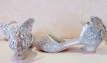 Zapatos de cuero de princesa para niñas, calzado de tacón alto con purpurina Nudo de mariposa, para fiesta, color rosa y plateado