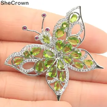 

48x40mm Fantastic Big Butterfly Created Green Peridot Tourmaline CZ Gift For Woman's Party Silver Pendant