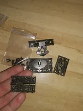 Cerradura de candado de bronce antiguo joyería caja de madera Cierre de cerrojo + 2 piezas bisagra de gabinete de maleta muebles Vintage Hardware decorativo