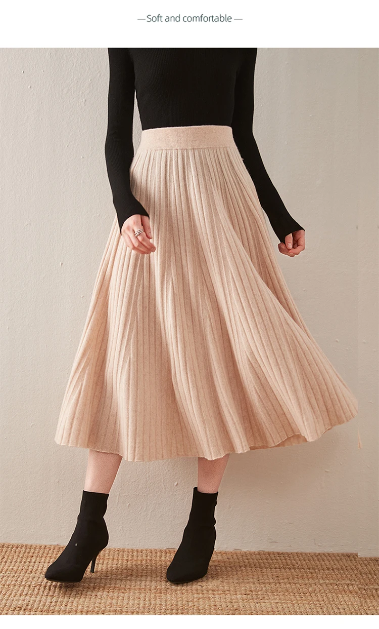 Autumn/Winter Hepburn style vintage black mercerized pure wool knit skirt with a high-waisted versatile pleated skirt