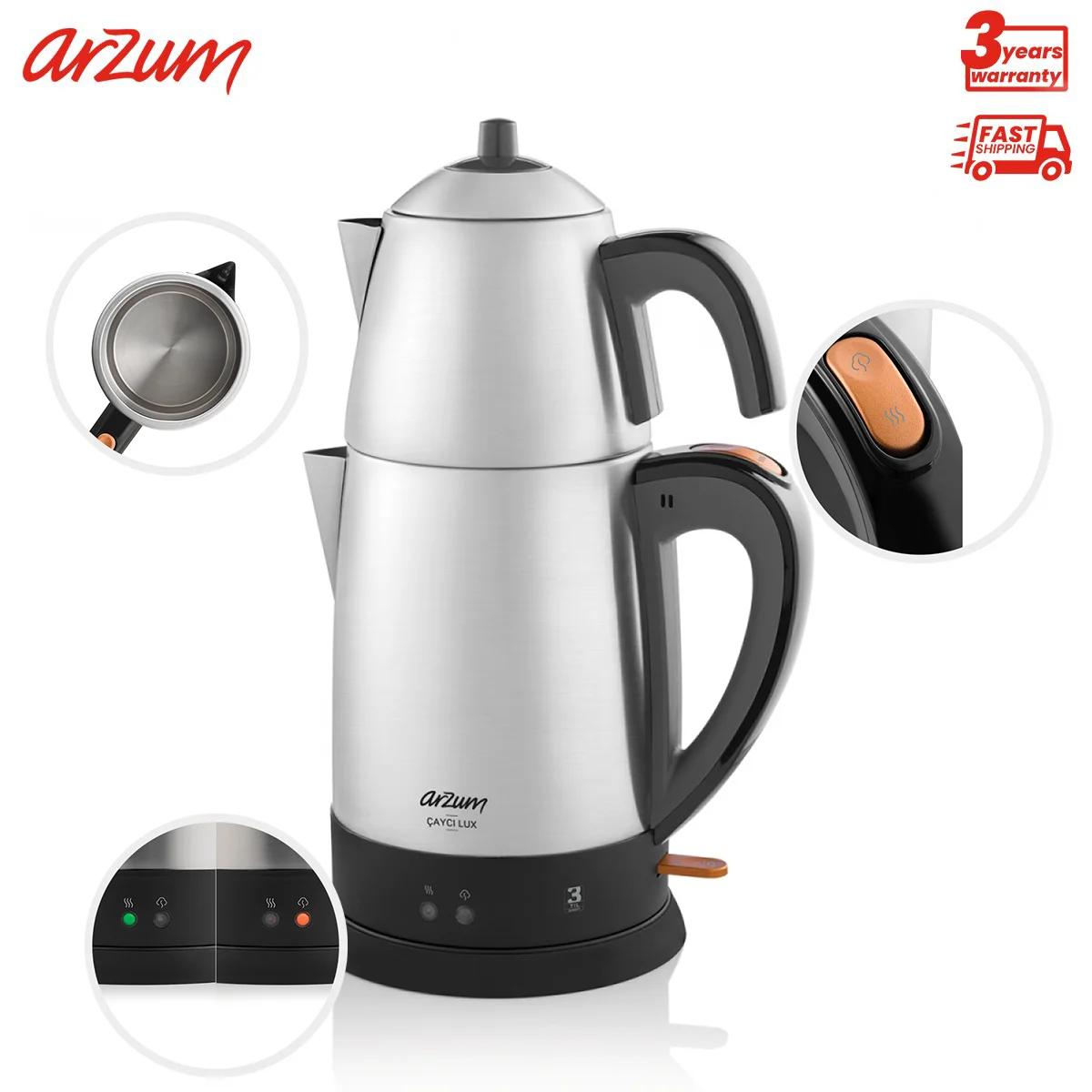 

Arzum Cayci Klasik Tea Machine, 1650W power, removable stainless steel tea filter, boil-dry protection, 360° rotating base
