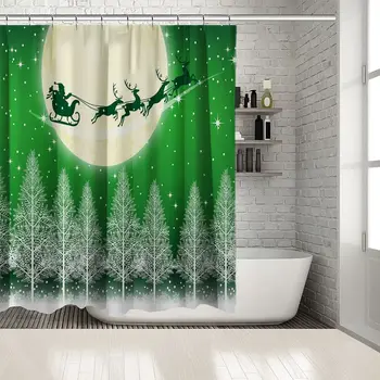 

Pine Trees Snowy Night Sky Full Moon Stars Santa Claus Flying on His Sleigh with Reindeers Art White Green Shower curtain