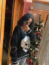 Rapcopter-suéteres Y2K para mujer, suéteres de calaveras con cuello de pico, Tops tejidos informales holgados, ropa de calle, Tops Retro, azul, otoño 2020