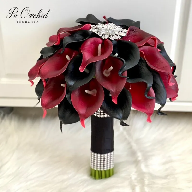 

PEORCHID Black Red Brooch Crystal Bouquet Bridal Calla Lily Rhinestone Wedding Flower For Bridesmaids Bouquet Rose Artificielle