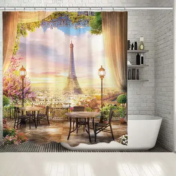 Shower Curtain Colorful Dramatic Sky Sunrise View of the Eiffel Tower from Balcony Flowers Trees Lilac Green Brown Blue
Shower Curtain Colorful Dramatic Sky Sunrise View of the Eiffel Tower from Balcony Flowers Trees Lilac Green Brown Blue