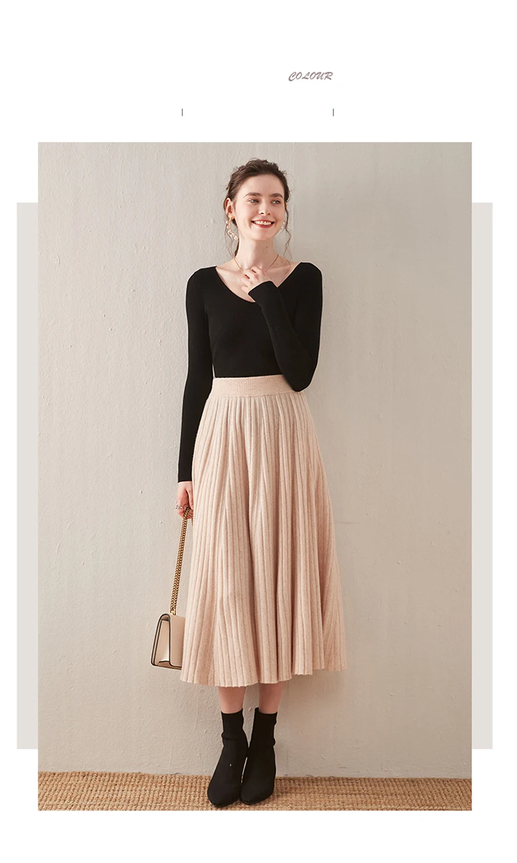 Autumn/Winter Hepburn style vintage black mercerized pure wool knit skirt with a high-waisted versatile pleated skirt