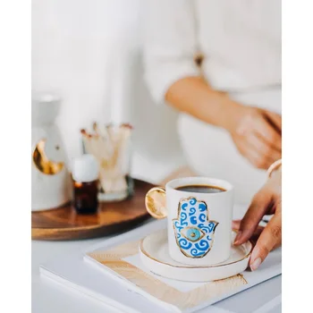 Evil Eye Bead Hamse Fatima's Hand Handmade Double Turkish Coffee / Espresso 24K Real Gold Decorated Cup And Plate
Evil Eye Bead Hamse Fatima's Hand Handmade Double Turkish Coffee / Espresso 24K Real Gold Decorated Cup And Plate