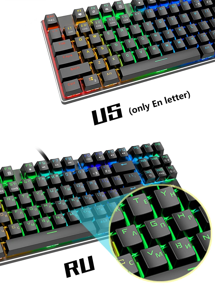 Игровая проводная механическая клавиатура 87 клавиш с многоцветной подсветкой